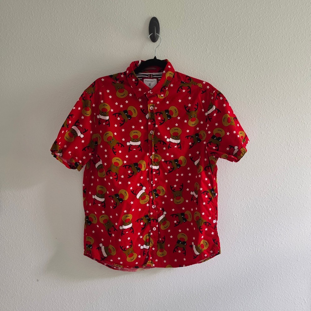 Denim & Flower Ricky Singh Mens Red Reindeer Christmas Short Sleeve Shirt size L